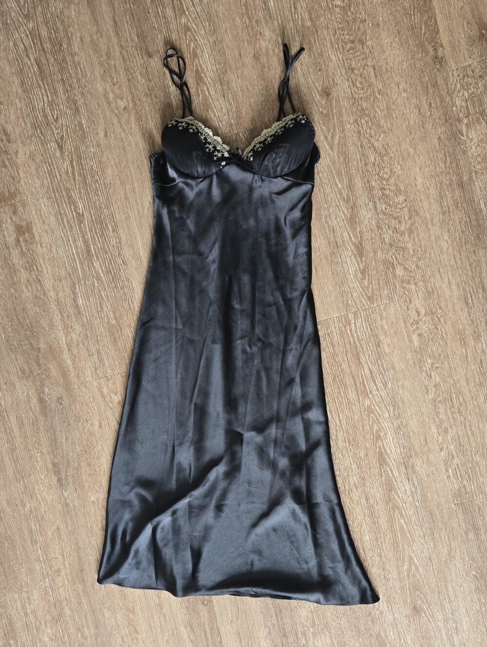 Black Satin Slip Dress with Lace Trim - Women Intimates